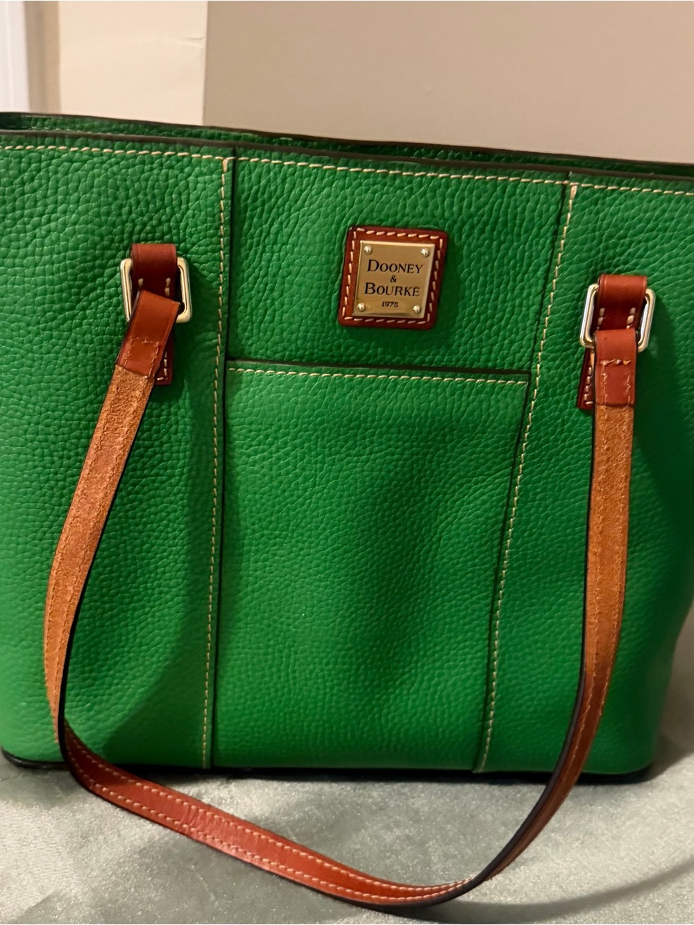 Dooney & Bourke Green Pebble Leather Tote with Brown Straps